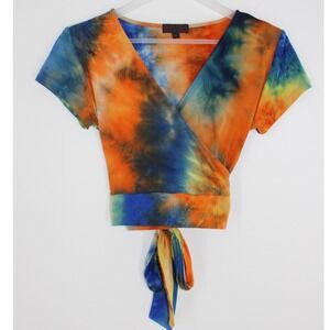 Cotton Candy Tie Dye Wrap Crop Top Size M Orange Blue Short Sleeve V-Neck